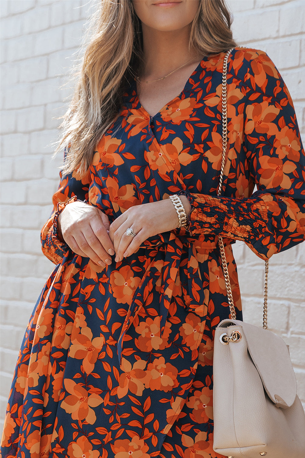 Floral Print Faux Wrap Belted Dress