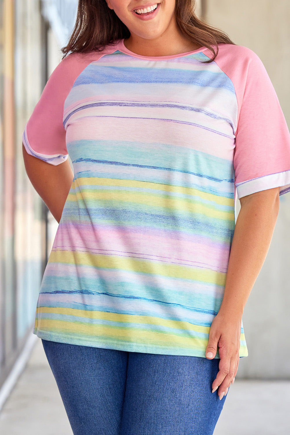 Striped Plus Size Raglan Sleeve Top