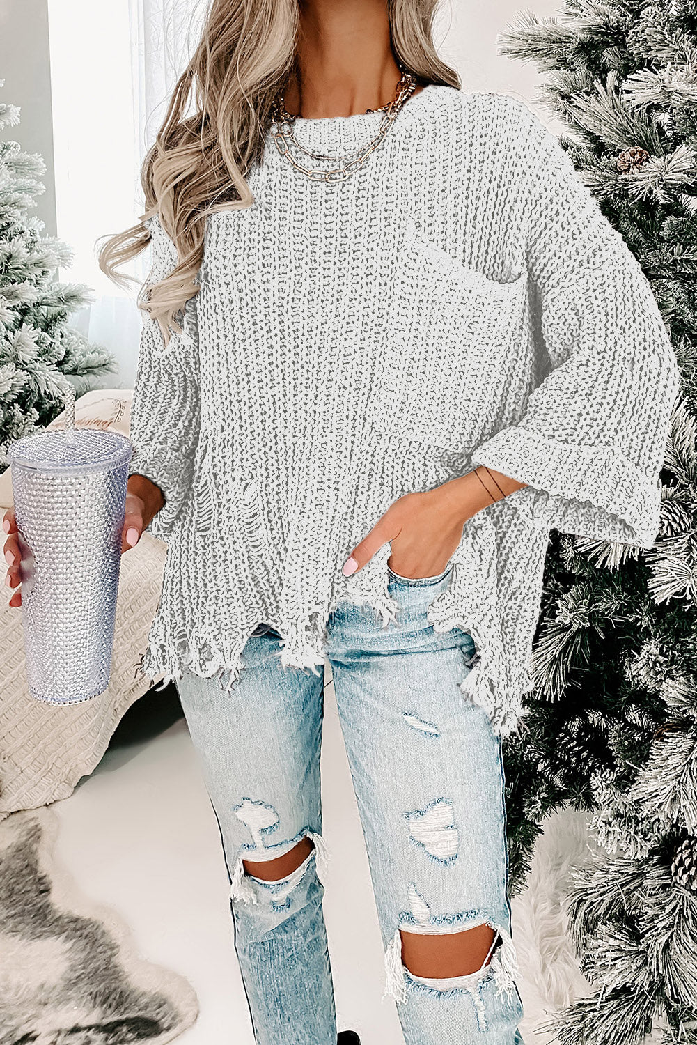 Gray Ripped Raw Hem Chunky Pullover Sweater