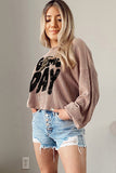 Smoke Gray Cording Drop Shoulder Puff Sleeve Casual Long Sleeve Top