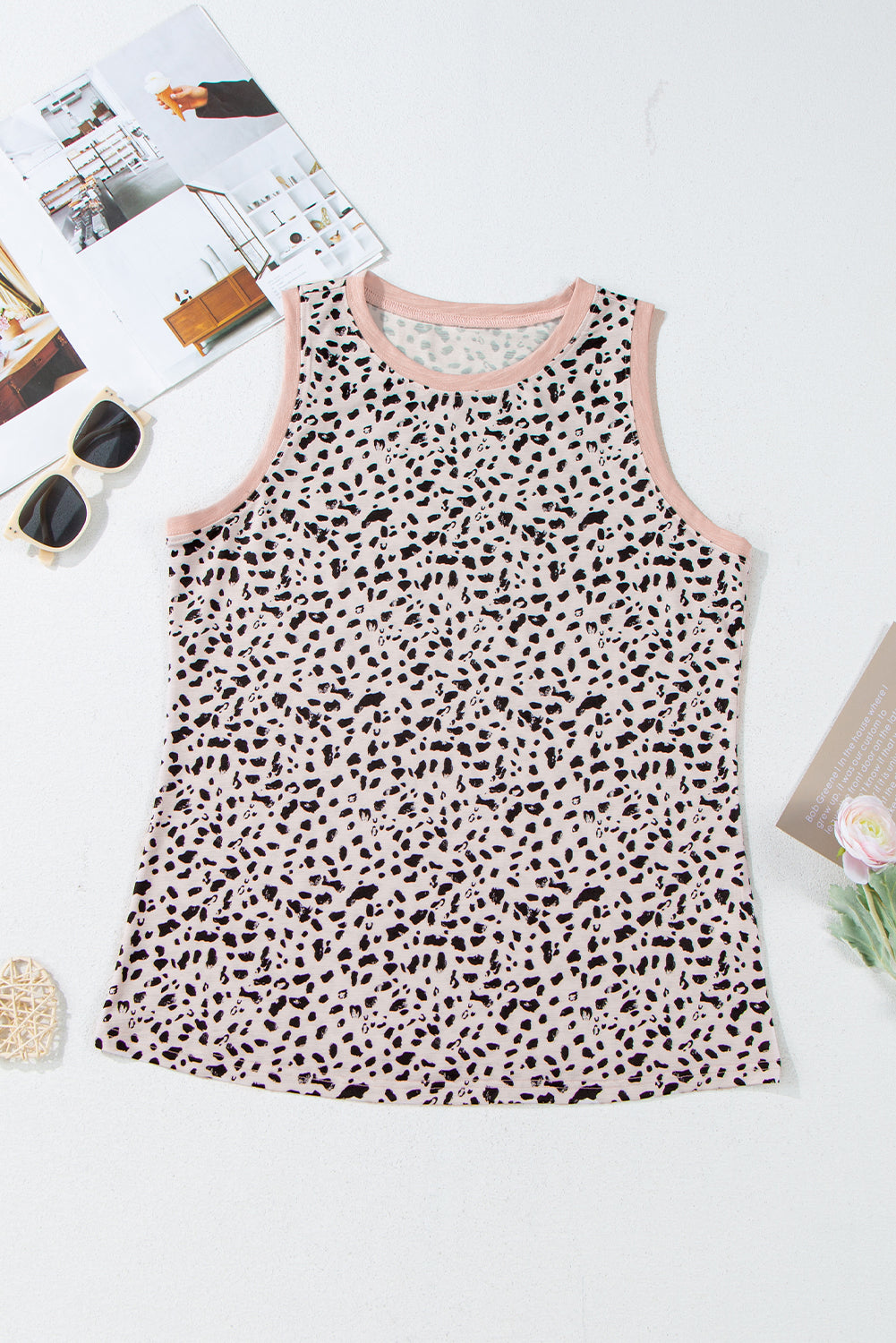 Gray Leopard Print Round Neck Tank Top