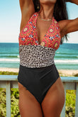 Retro Floral Stripes Deep V Neck One-piece Swimwear