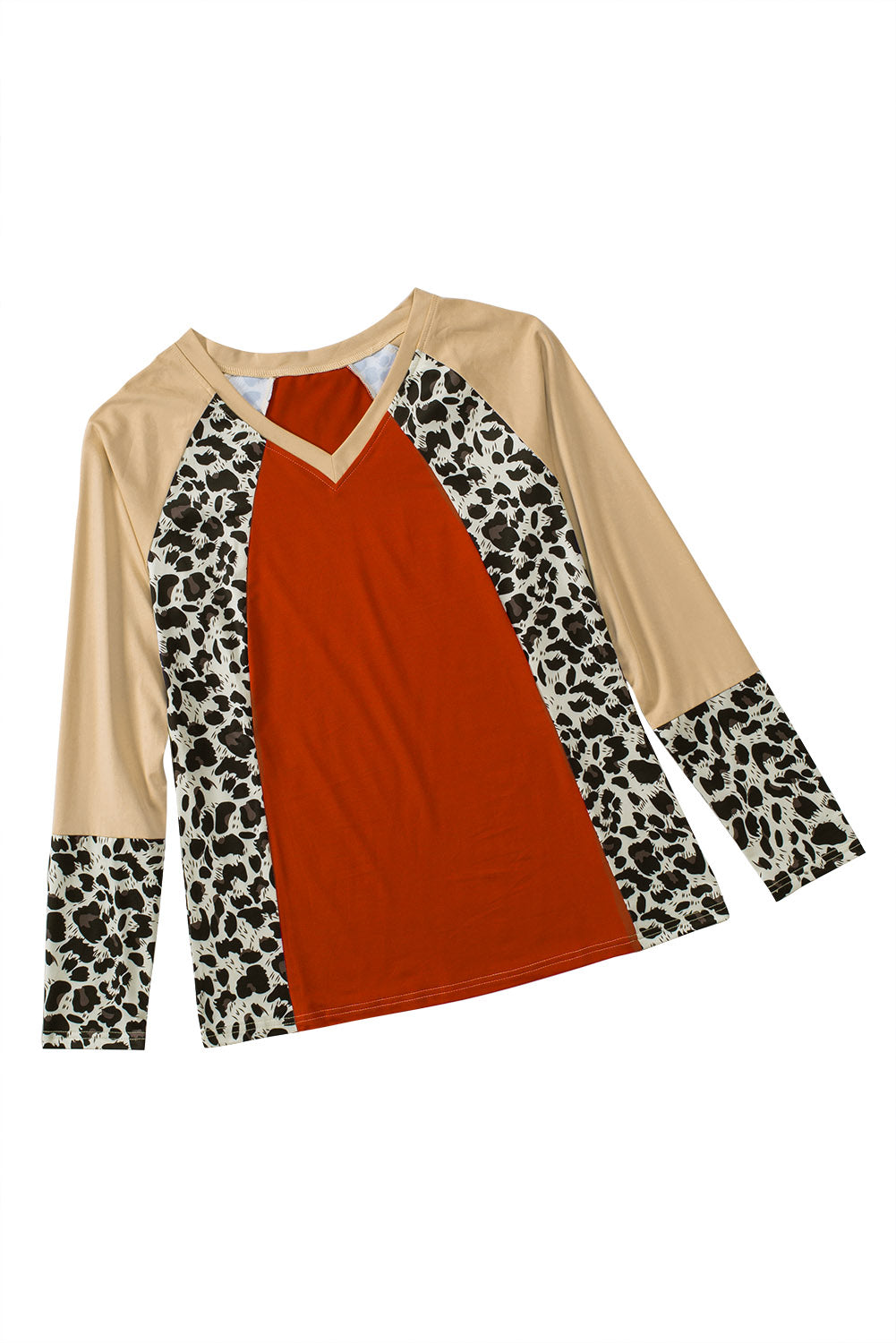 Colorblock Leopard V Neck Long Sleeve Top