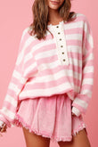 Pink Stripe Half Buttons Drop Shoulder Sweater