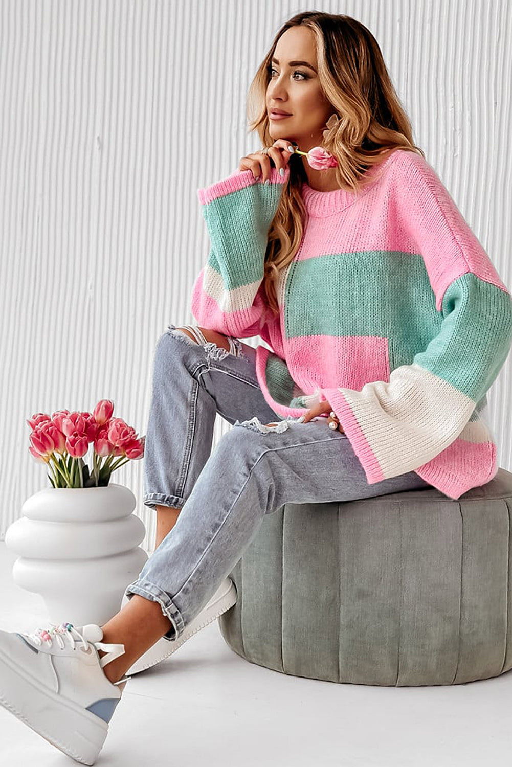 Colorblock Drop Shoulder Bell Sleeve Sweater