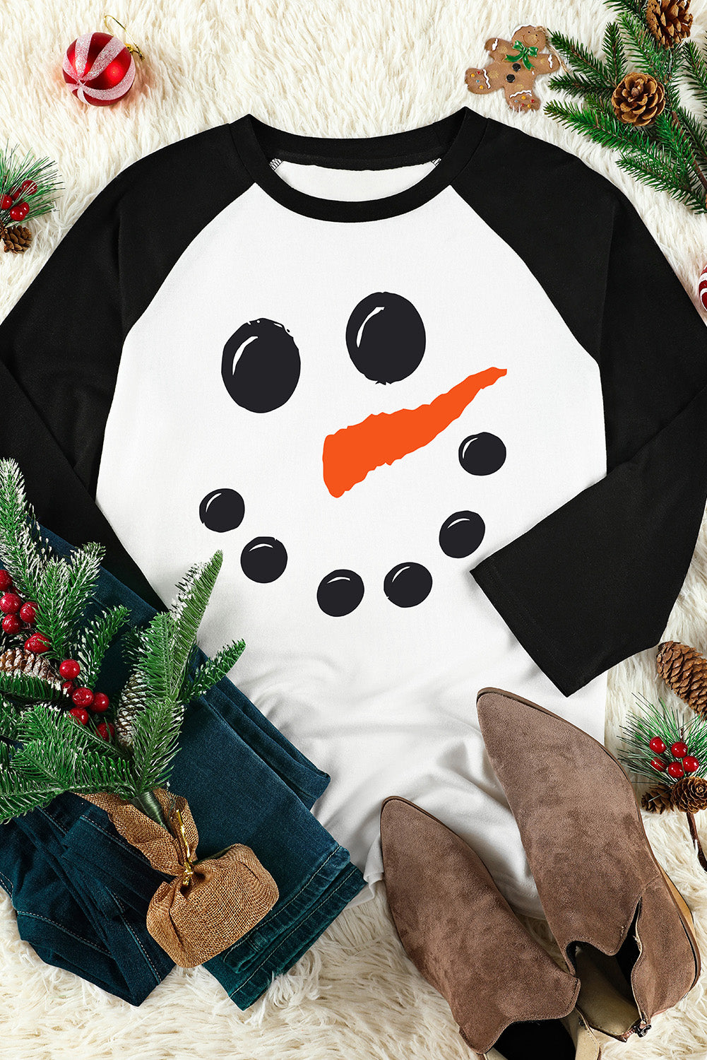 Christmas Snowman Face Print Color Block Top