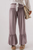 Khaki Frilled Drawstring High Waist Wide Leg Pants