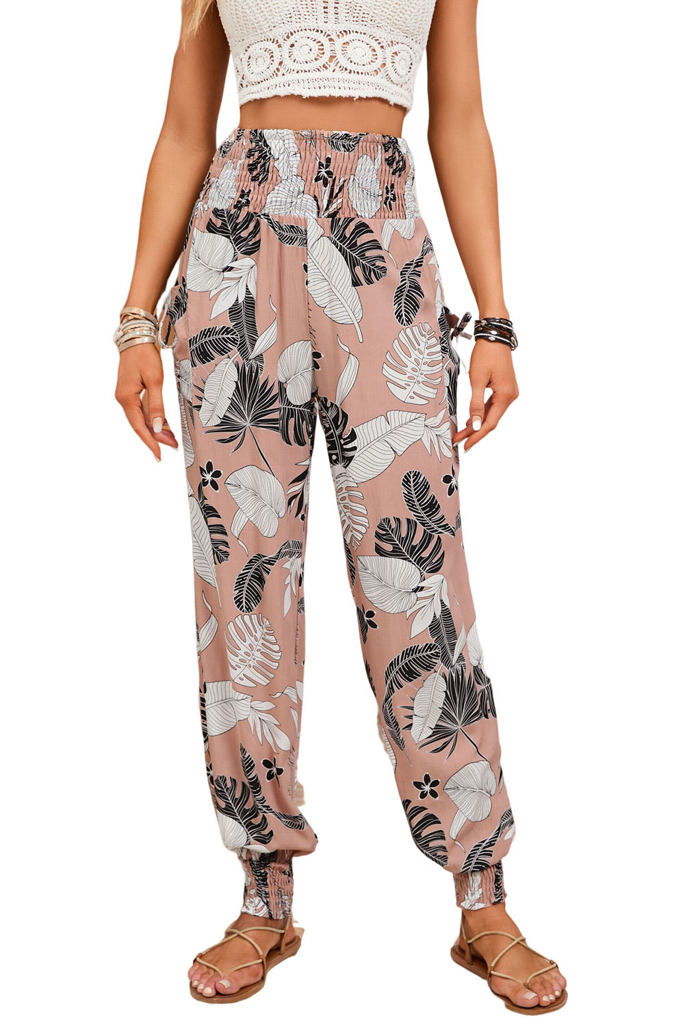 Boho Smocked Waist Floral Print Jogger Casual Pants