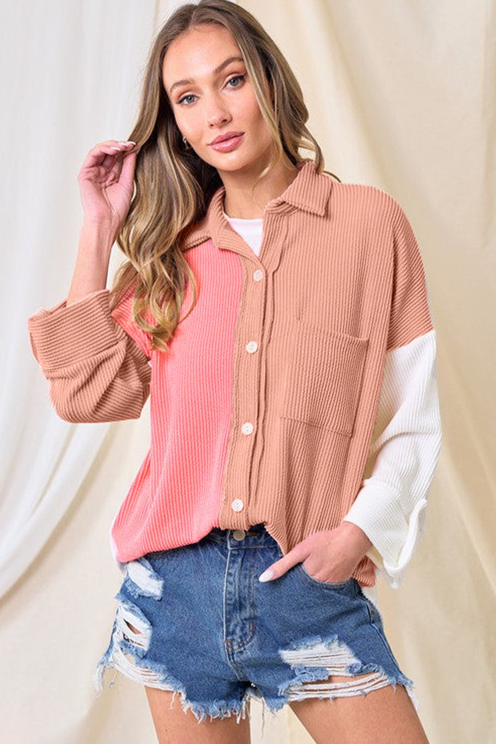 Ribbed Colorblock Drop Shoulder Shirt with Pocket