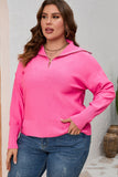 Solid Ribbed Trim Plus Size Zip Collar Sweater