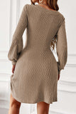 Textured Knit V-Neck Bishop Sleeve Sweater Dress