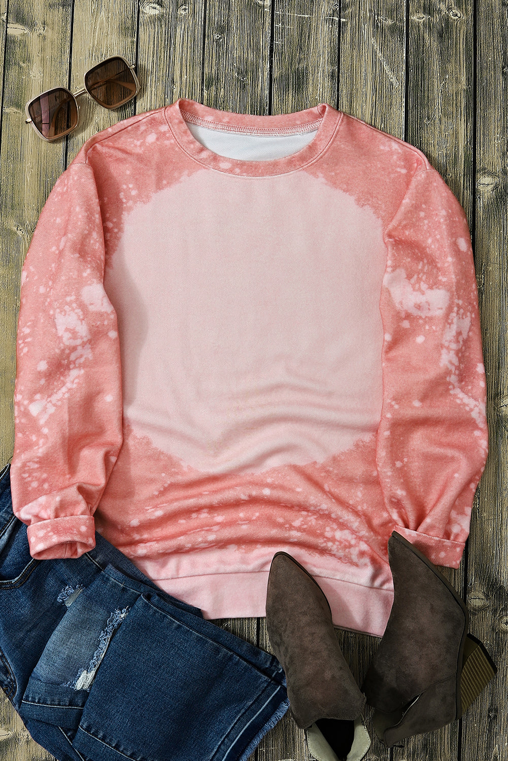 Pink Bleached Round Neck Pullover Sweatshirt