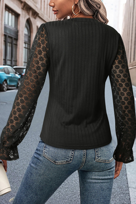 Sheer Lace Flounce Sleeve Ribbed Knit Top