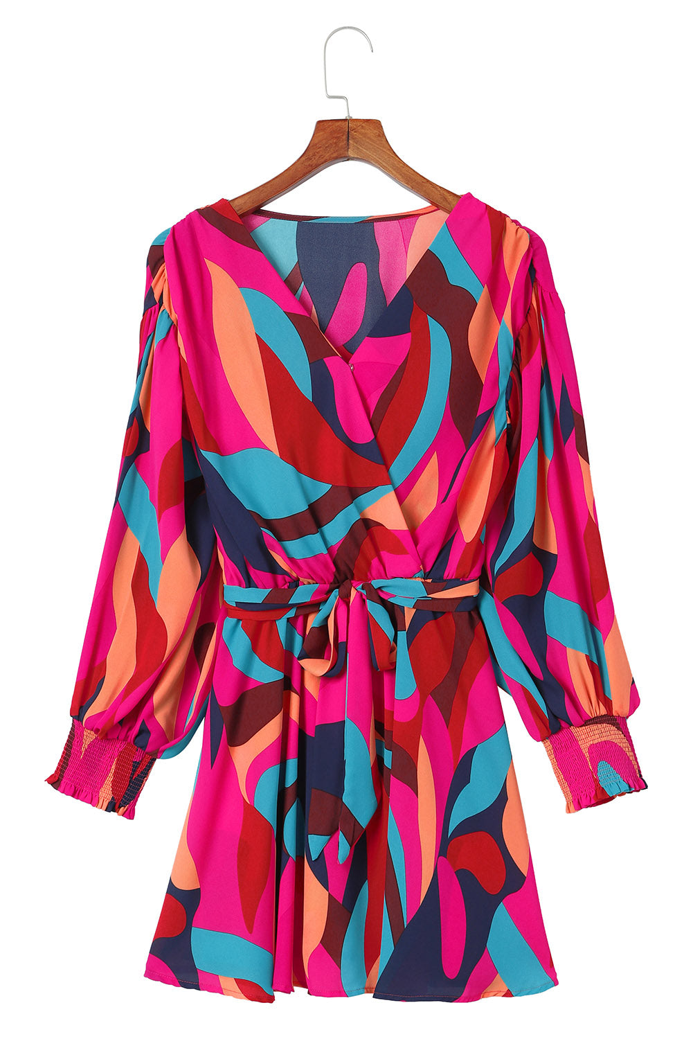 Abstract Printed Belted Puff Sleeve Mini Dress