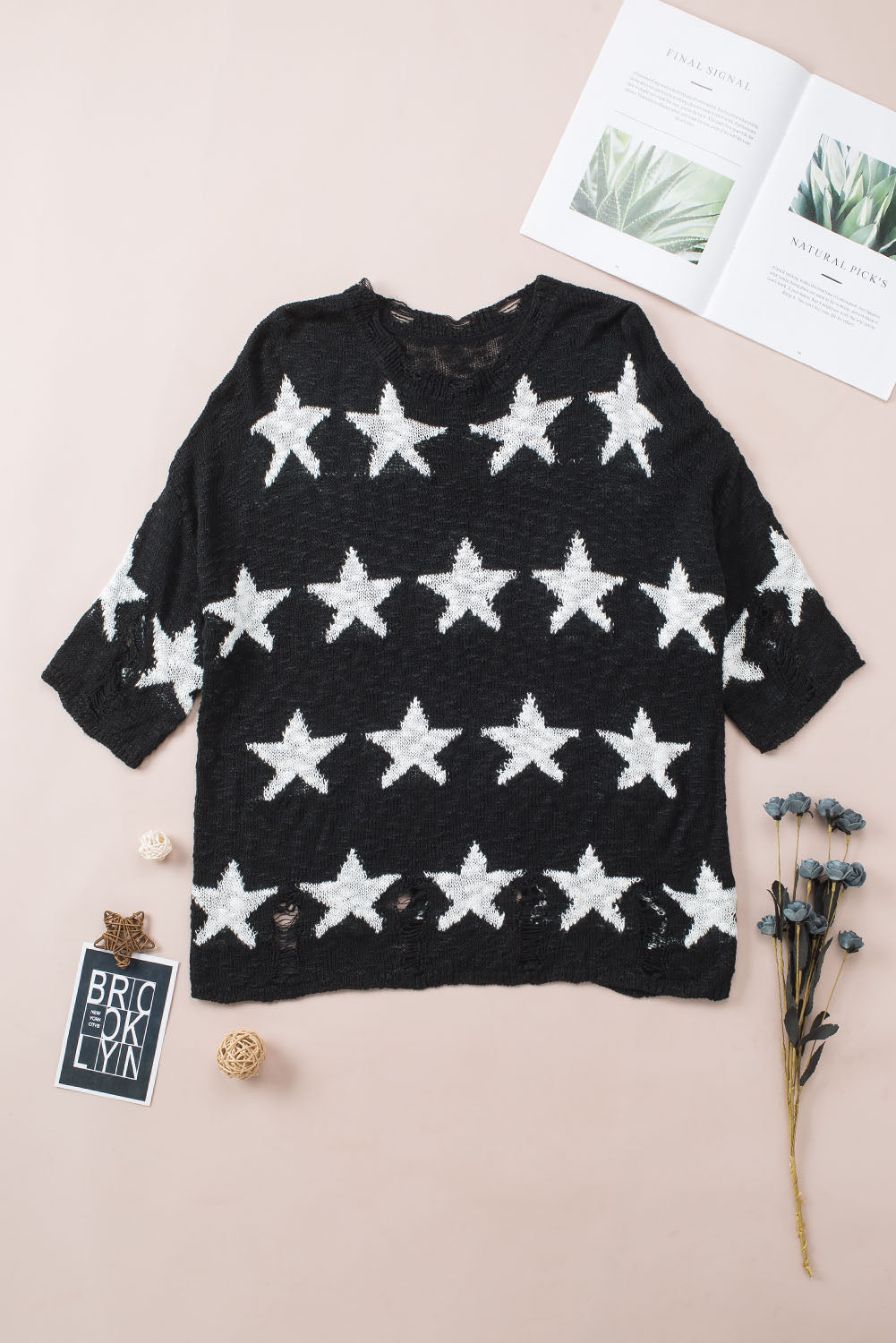 Star Print Half Sleeve Distressed Knit Top