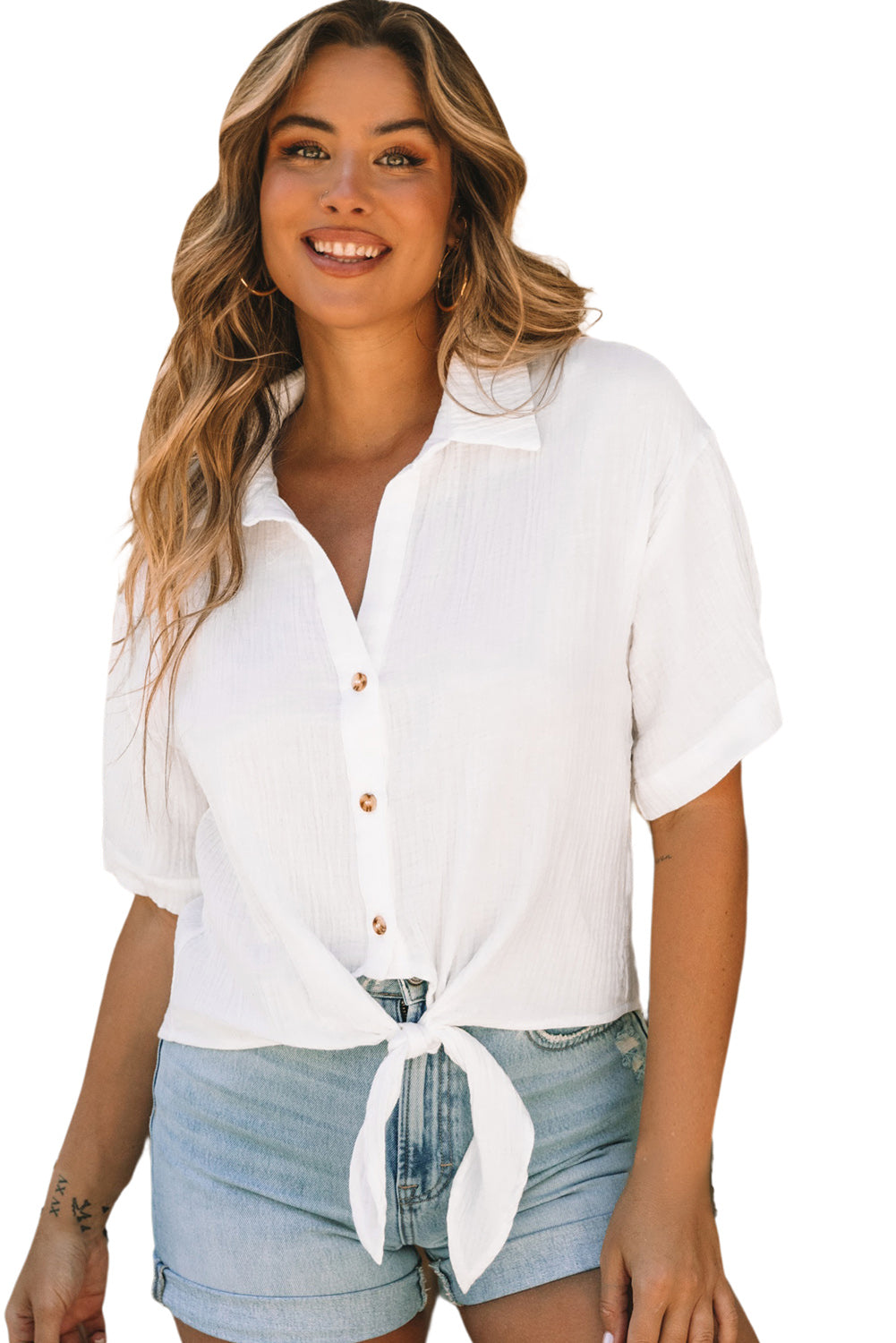 Textured Knotted Button-up Half Sleeve Shirt