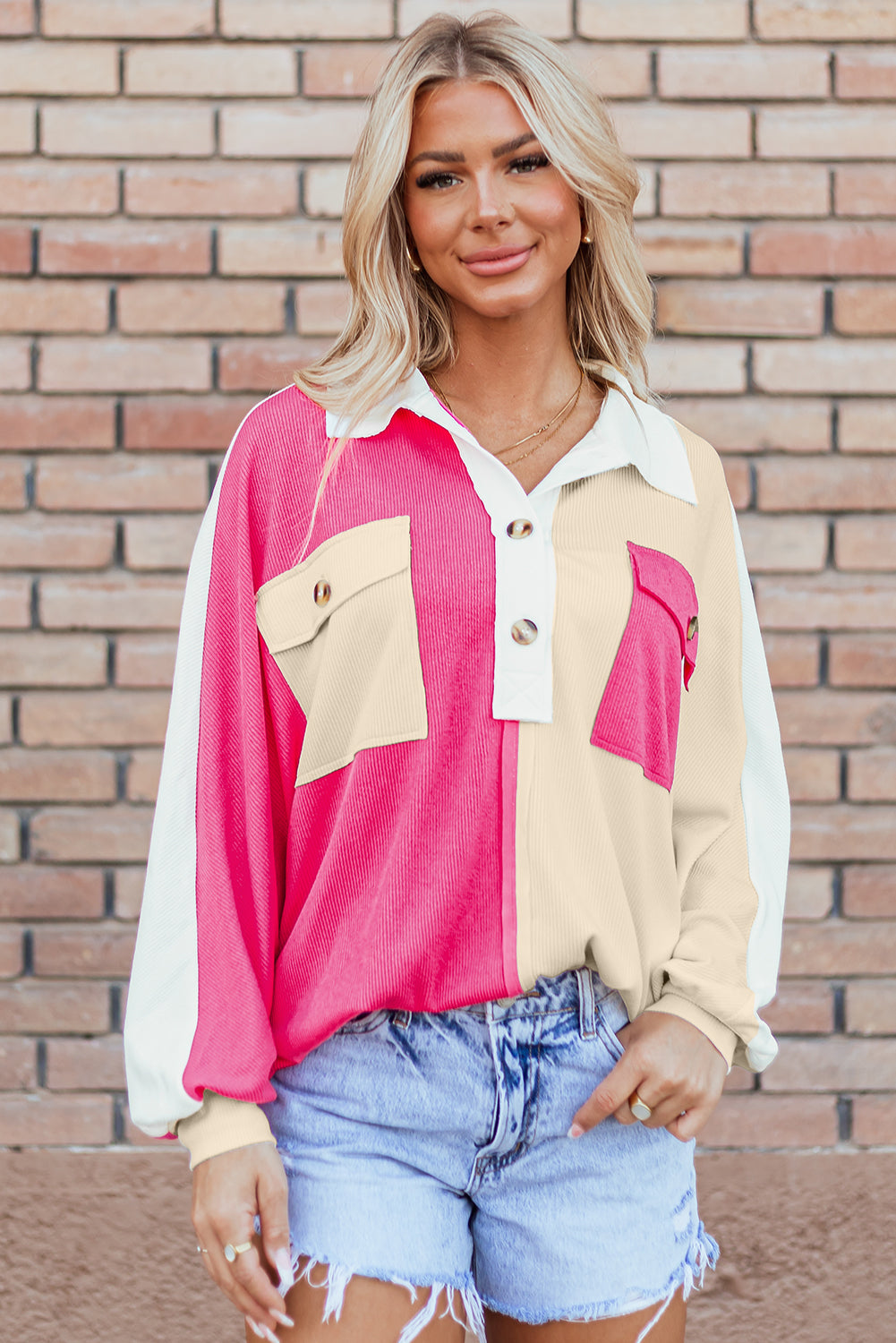 Pink Colorblock Ribbed Collared Oversized Sweatshirt