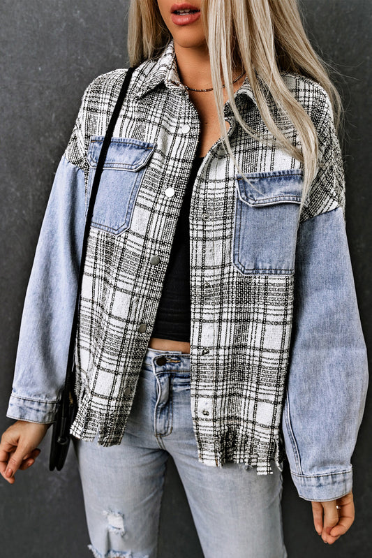 Plaid Patchwork Fringed Flap Pockets Denim Jacket