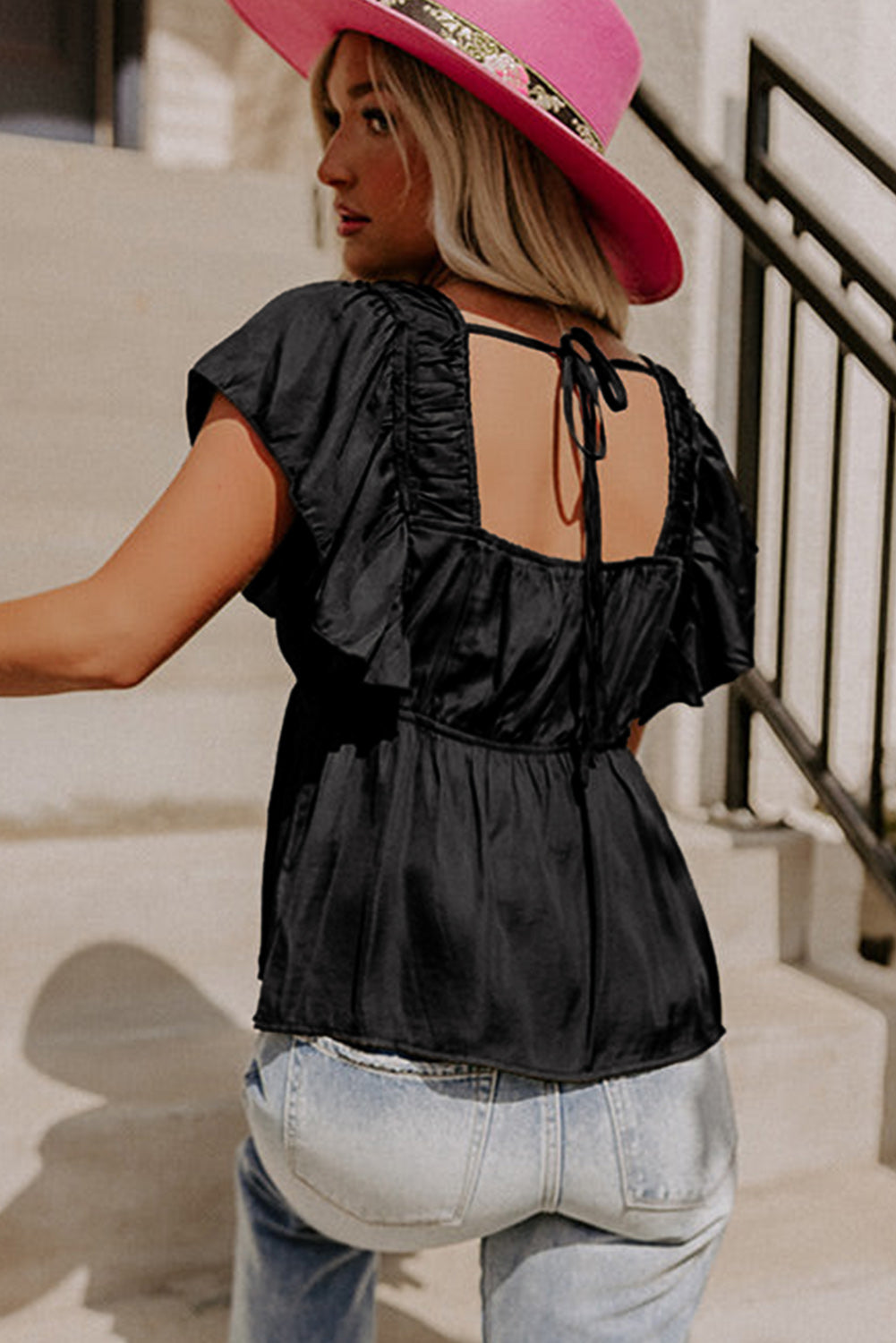 V Neck Ruffle Babydoll Peplum Top