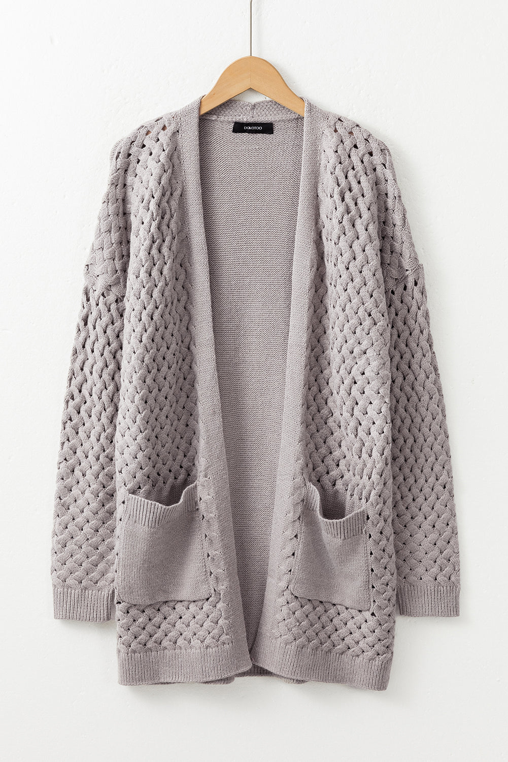 Gray Open Front Woven Texture Knitted Cardigan with Pockets