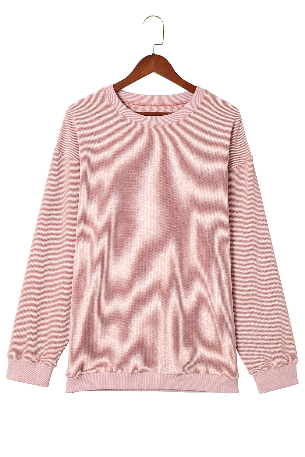 Sweat-shirt rose uni en tricot côtelé à col rond