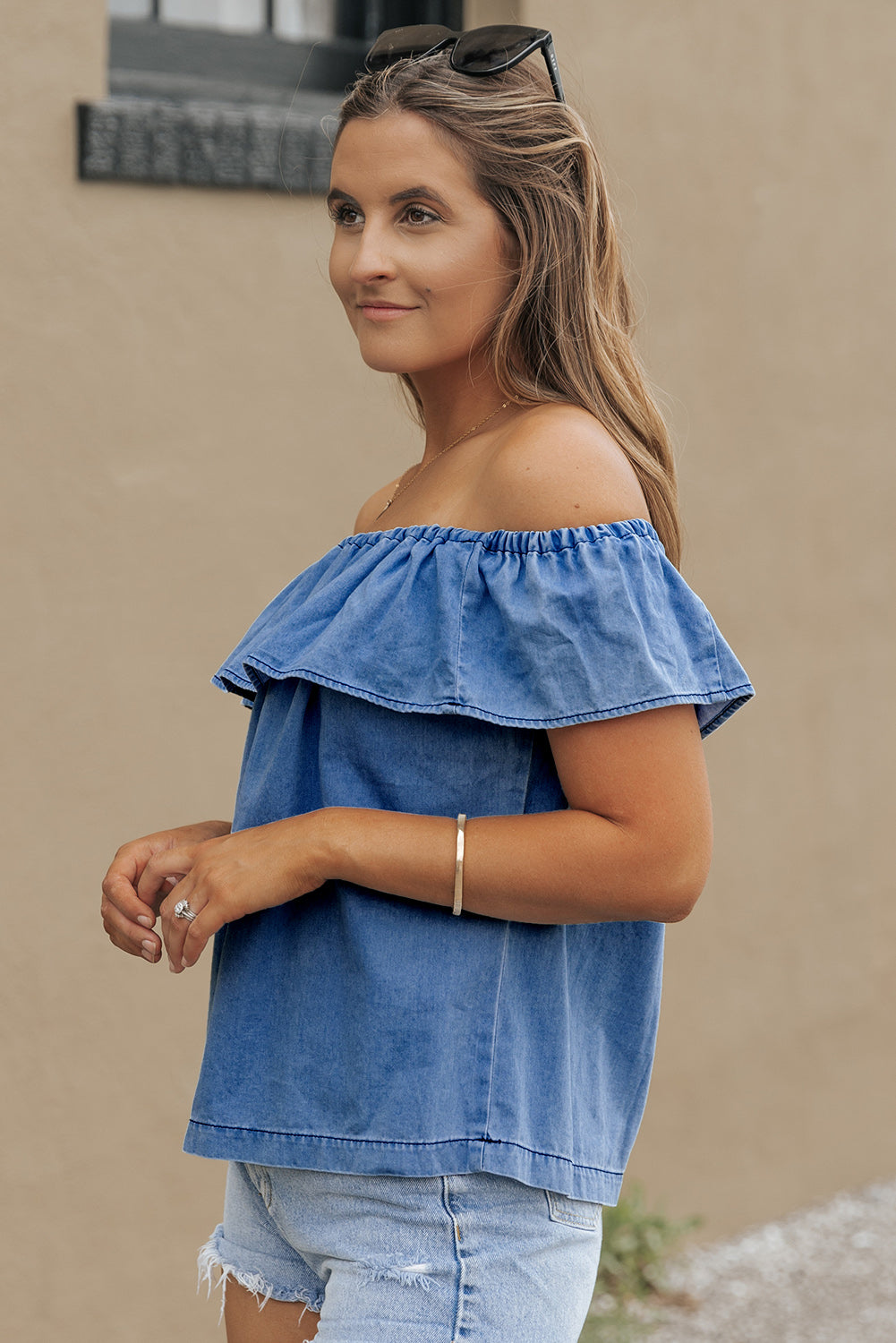 Off-the-shoulder Ruffled Denim Top