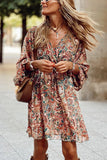 Geometric Print Long Sleeve Surplice Flowy Dress