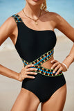 Black Zigzag Accent Cutout One Shoulder Teddy Swimwear