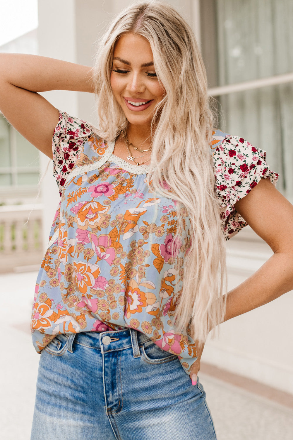 Sky Blue Adjustable Spaghetti Straps Boho Floral Tank Top