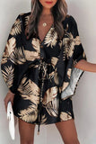 Geometric Print Button Drawstring Batwing Sleeve Dress