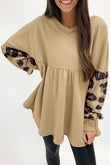 Leopard Splicing Sleeve Ruffle Loose Sweatshirt