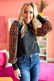 Black Leopard Print Long Sleeve Ribbed Knit Blouse