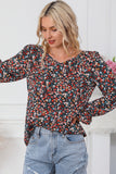 V Cut Lace Patch Tie-up Ruffled Puff Sleeve Floral Blouse