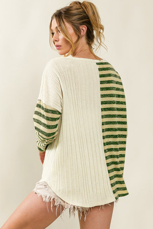 Striped Patch Textured Fabric Long Sleeve Top