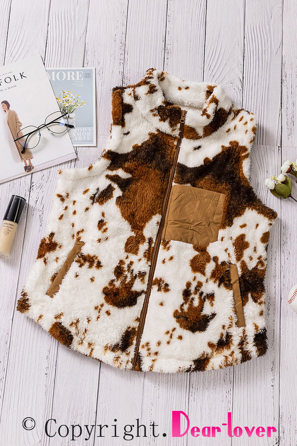 Cow Pocket Zipper Plush Warm Sleeveless Vest Coat