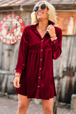 Rose Long Sleeve Ruffle Velvet Button Up Dress