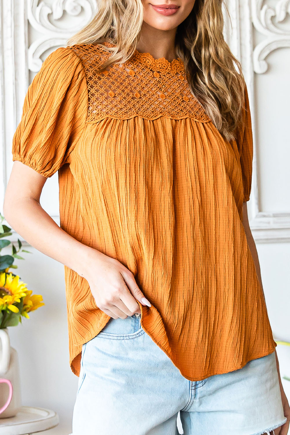 Textured Crochet Keyhole Puff Sleeve Blouse