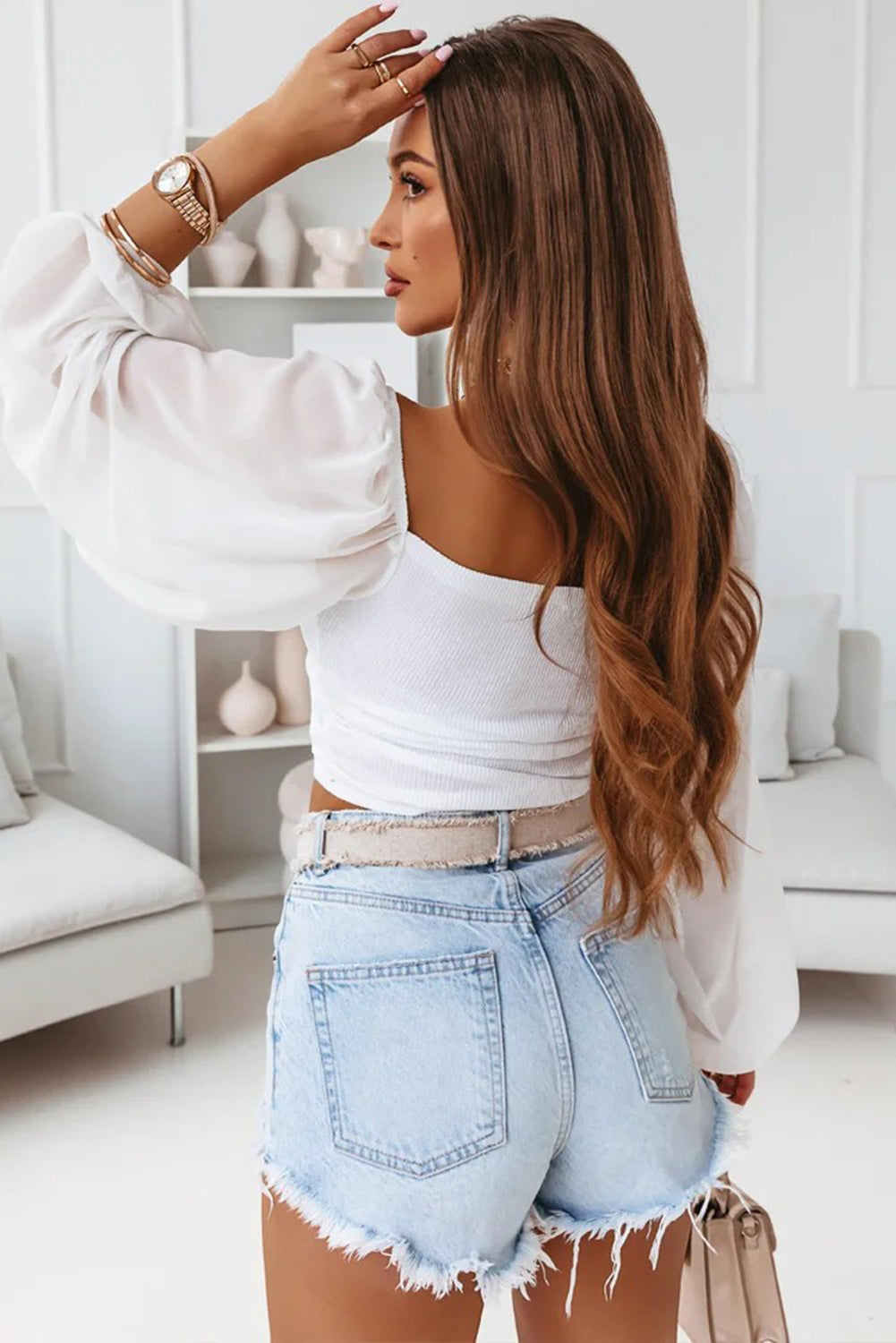 Drawstring Front Sheer Puff Sleeve Crop Top