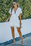 Applique Lace Trim V-Neck Drawstring Romper