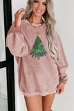 Pink Solid Ribbed Knit Round Neck Pullover Sweatshirt