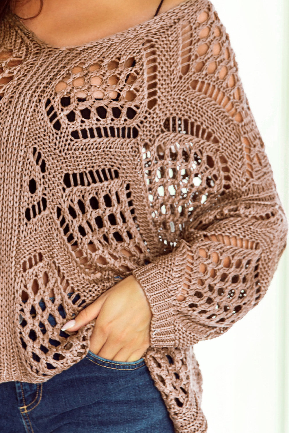 Hollowed Knit V Neck Dolman Sleeve Sweater