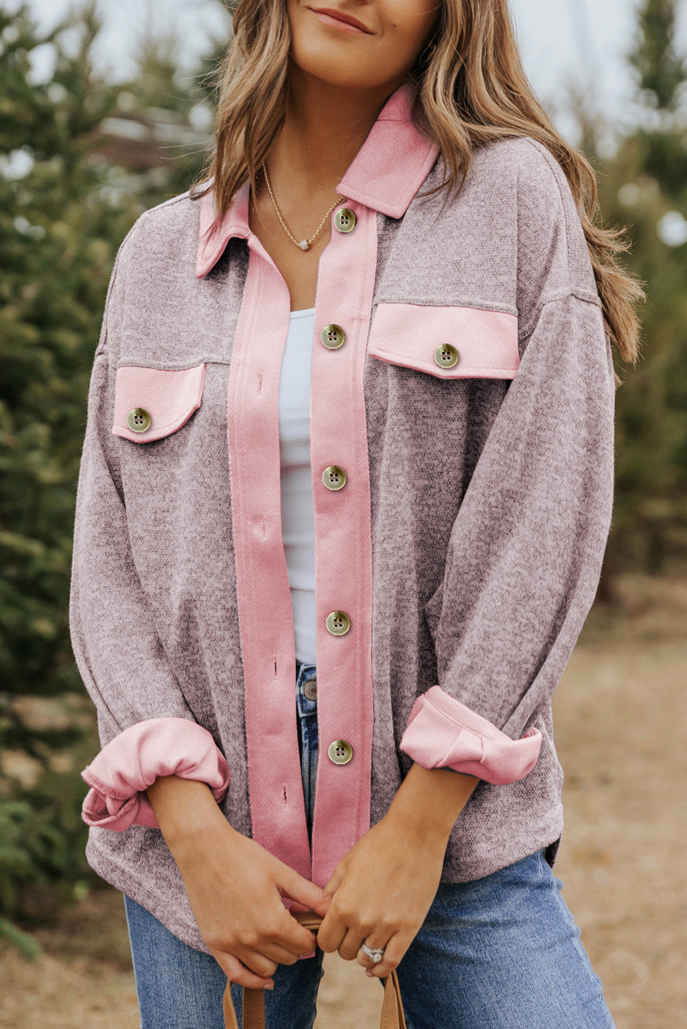 Veste décontractée rose à col et bordure contrastée