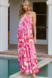 Pink Abstract Swirl Print Halter Maxi Dress