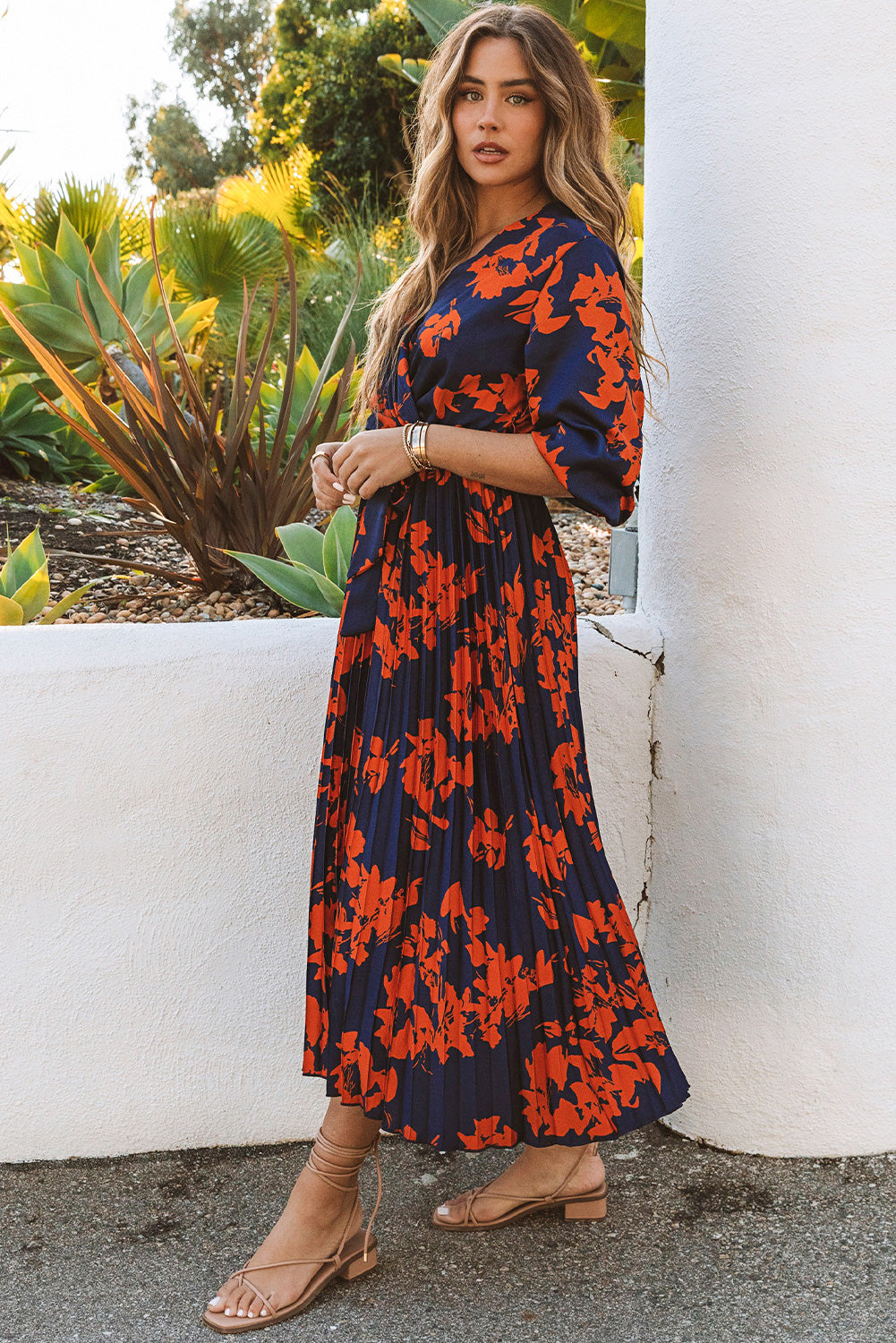 V Neck Wrap Pleated Maxi Floral Dress with Tie