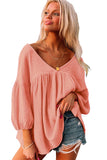 Textured V Neck Bracelet Sleeve Babydoll Blouse