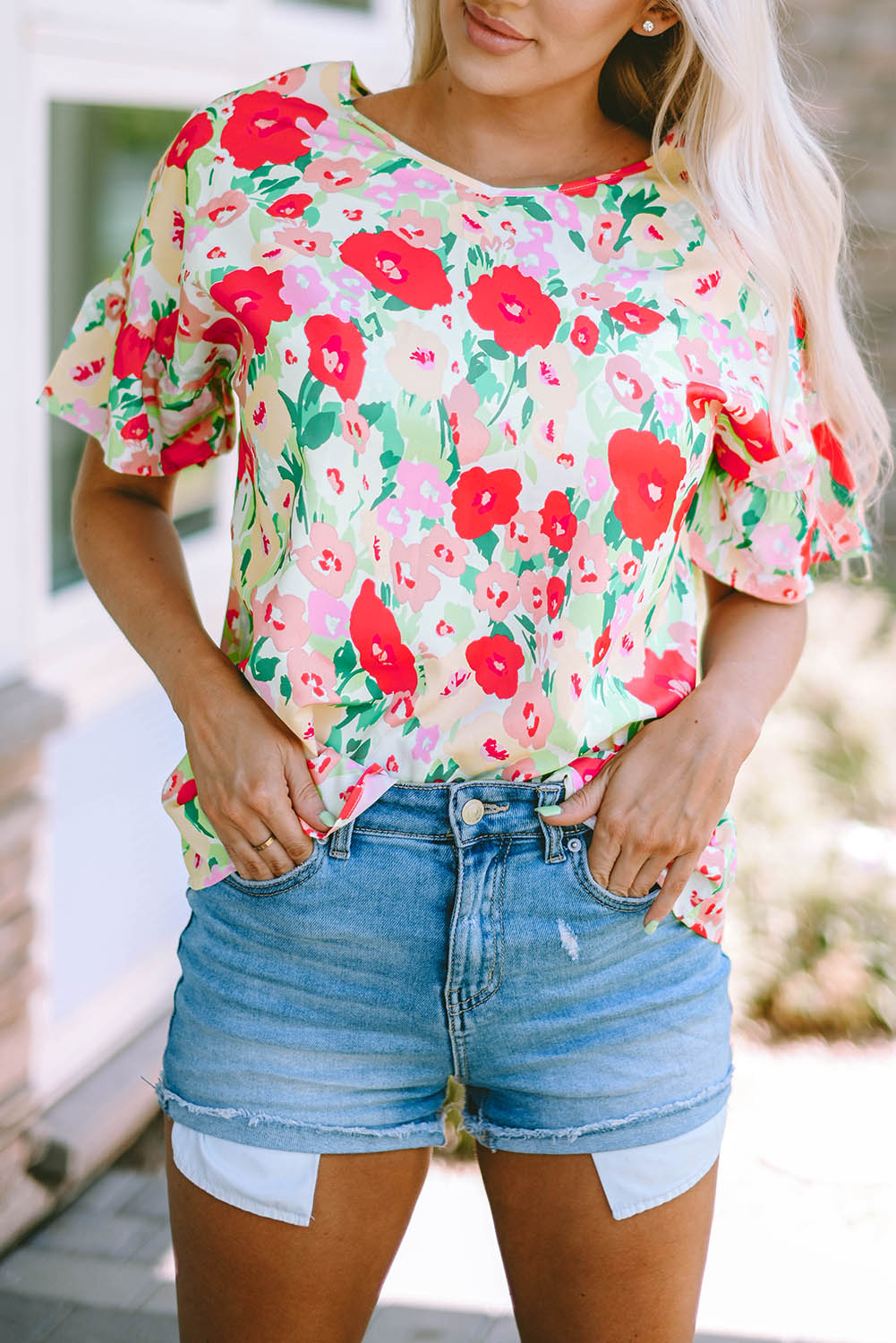 Floral Print Ruffled Short Sleeve V Neck Blouse