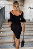 Ribbed Off Shoulder Feather Cuff Bodycon Dress