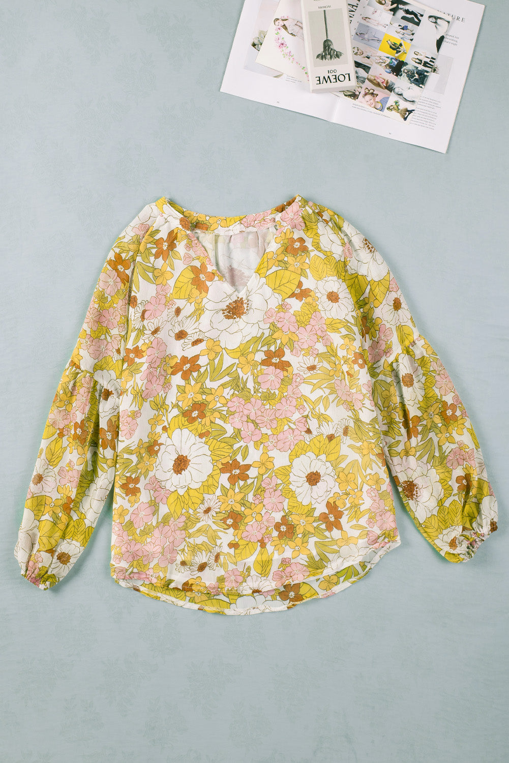 Green Floral Print V Neck Long Puff Sleeve Top