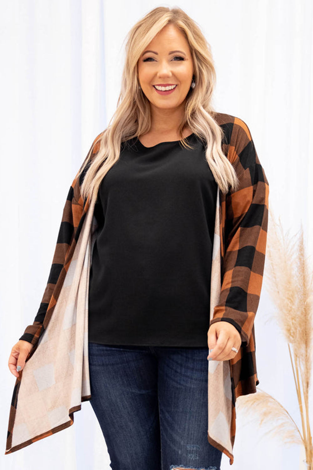 Plus Size Plaid Pattern Open Front Cardigan