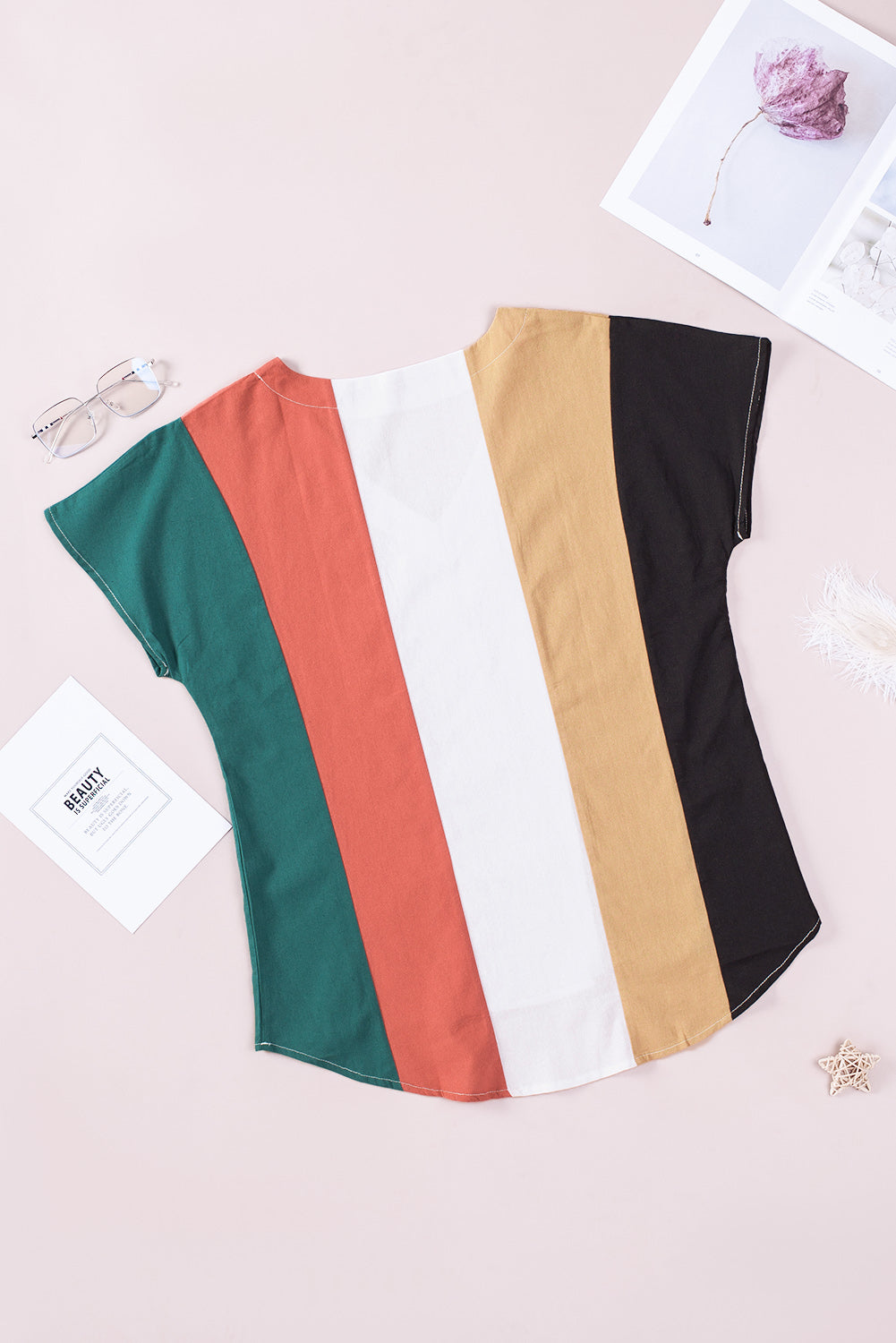 Multicolor Colorblock V Neck Short Sleeve Top